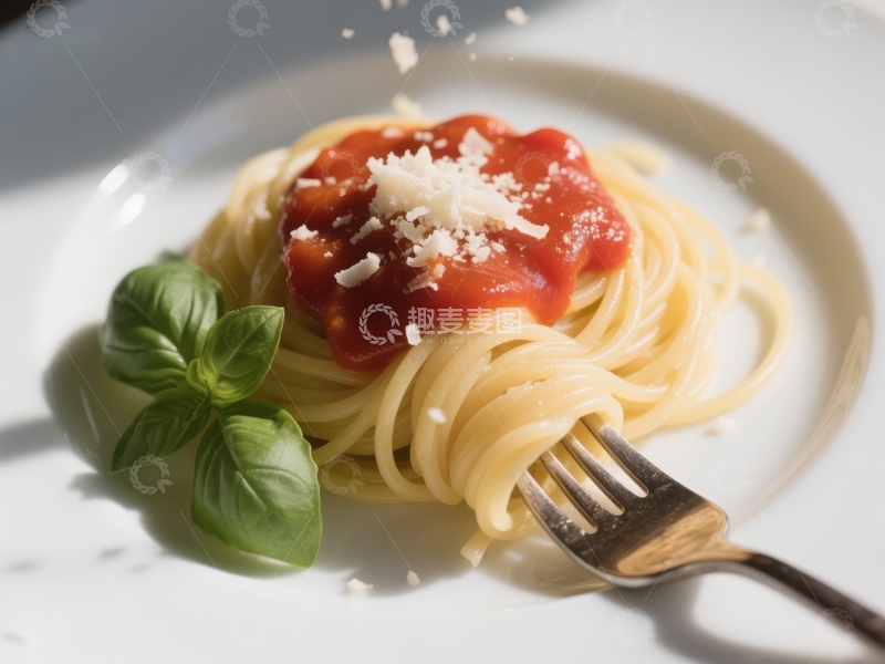高清大图下载【趣麦麦图】意大利面配番茄酱和罗勒