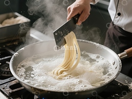 厨师正在锅中煮面条