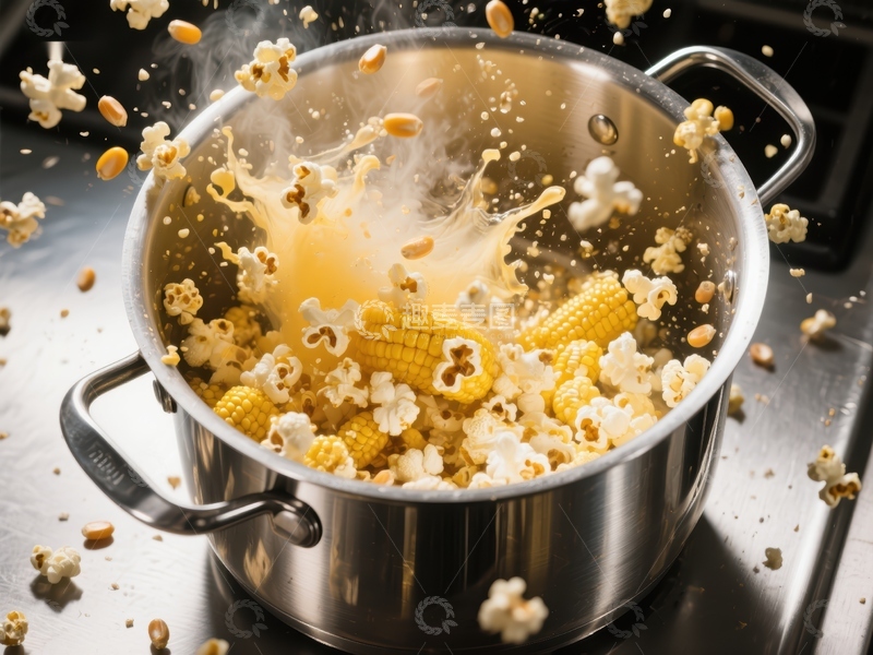 高清大图下载【趣麦麦图】锅中爆米花与玉米粒瞬间迸发