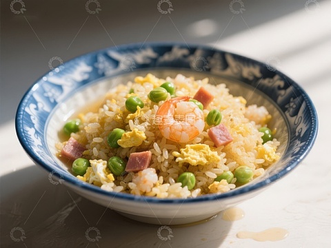 美味虾仁炒饭，色彩丰富