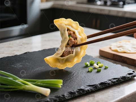 筷子夹起热腾腾的煎饺
