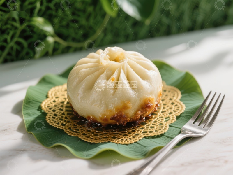 高清大图下载【趣麦麦图】精致包子置于绿叶之上