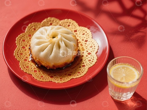 红色盘上的包子与柠檬水