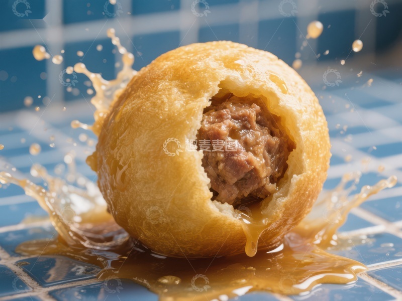 高清大图下载【趣麦麦图】酥皮肉馅球破裂，酱汁四溅