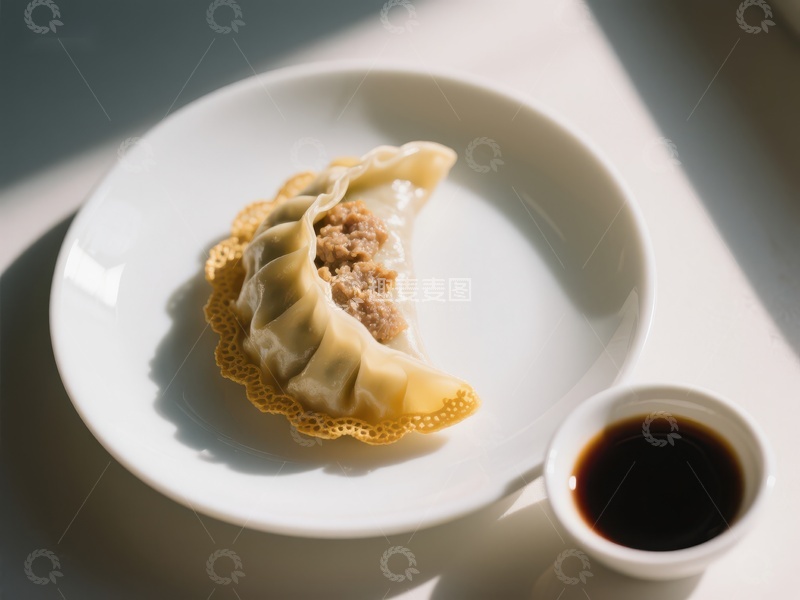 高清大图下载【趣麦麦图】盘中饺子配酱油，阳光洒落
