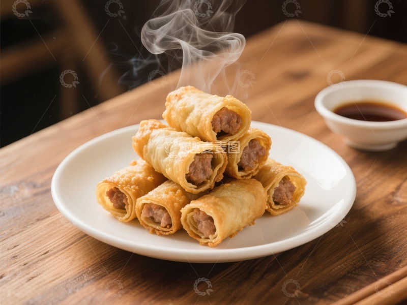 高清大图下载【趣麦麦图】热腾腾的春卷配酱油碟