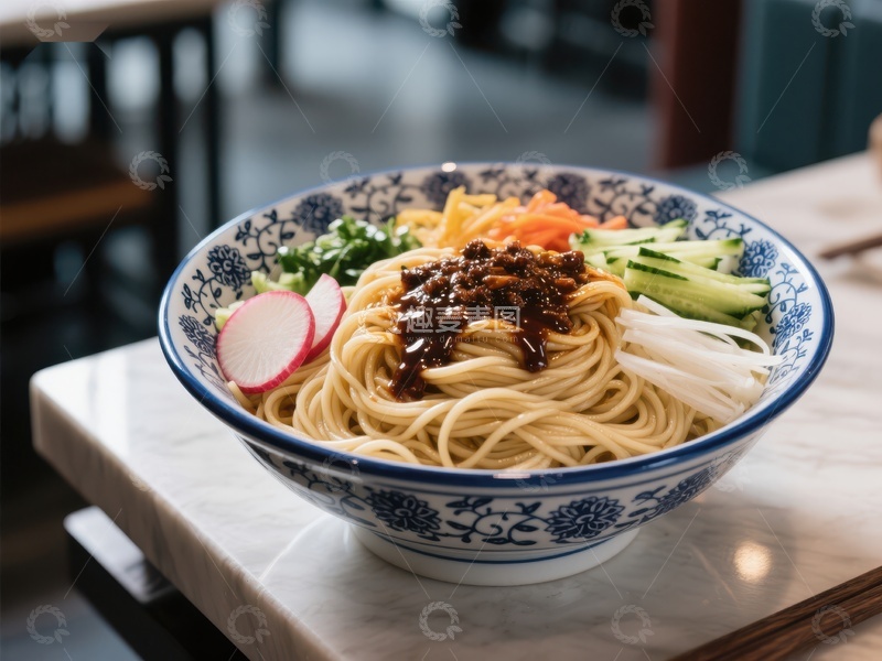 高清大图下载【趣麦麦图】一碗美味的面条配蔬菜和酱料
