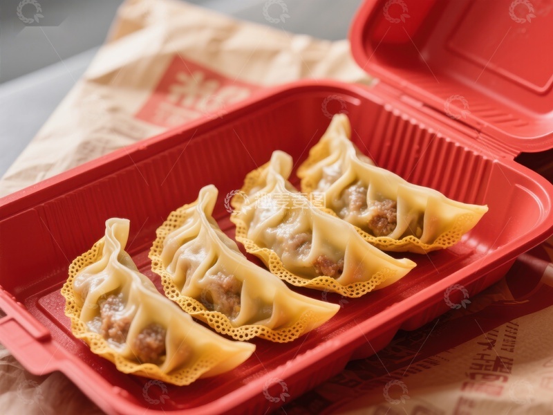 高清大图下载【趣麦麦图】红色餐盒中的美味饺子