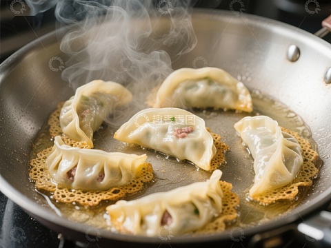 锅中煎制的热气腾腾饺子