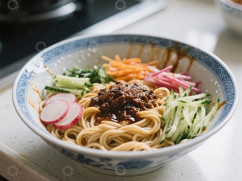 一碗美味的拌面配蔬菜和酱料