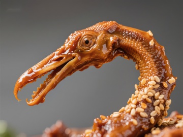 酱鸭头特写，撒满芝麻