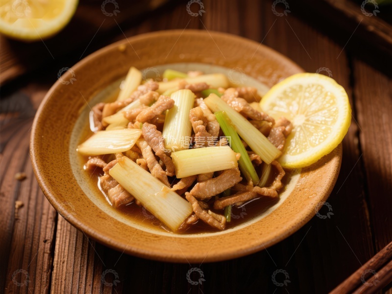 高清大图下载【趣麦麦图】柠檬炒肉丝配葱段