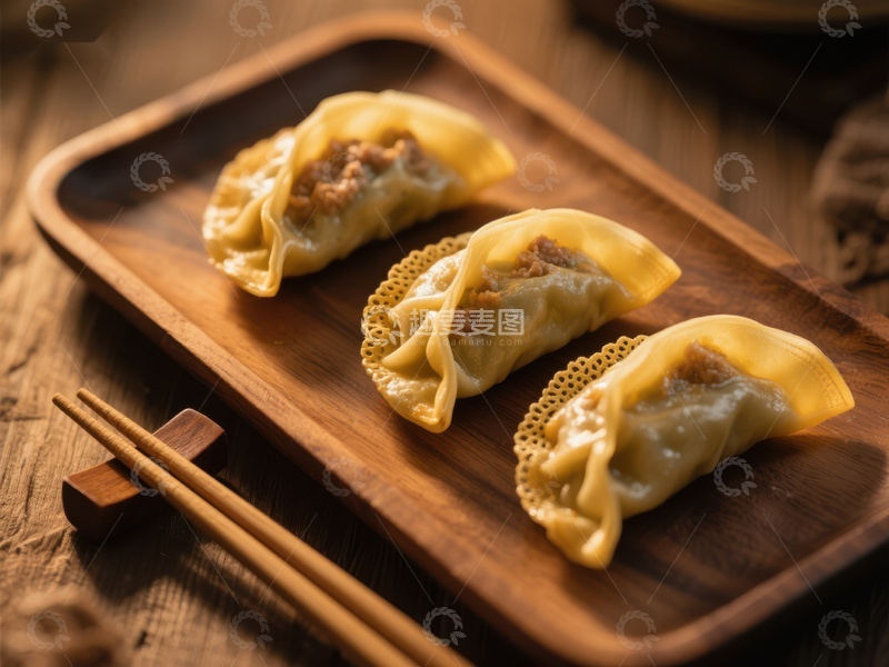 高清大图下载【趣麦麦图】木盘上的三只金黄饺子