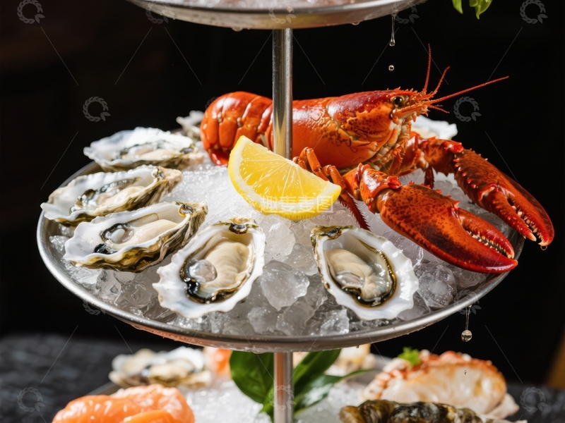 高清大图下载【趣麦麦图】海鲜盛宴：龙虾与生蚝的冰镇展示