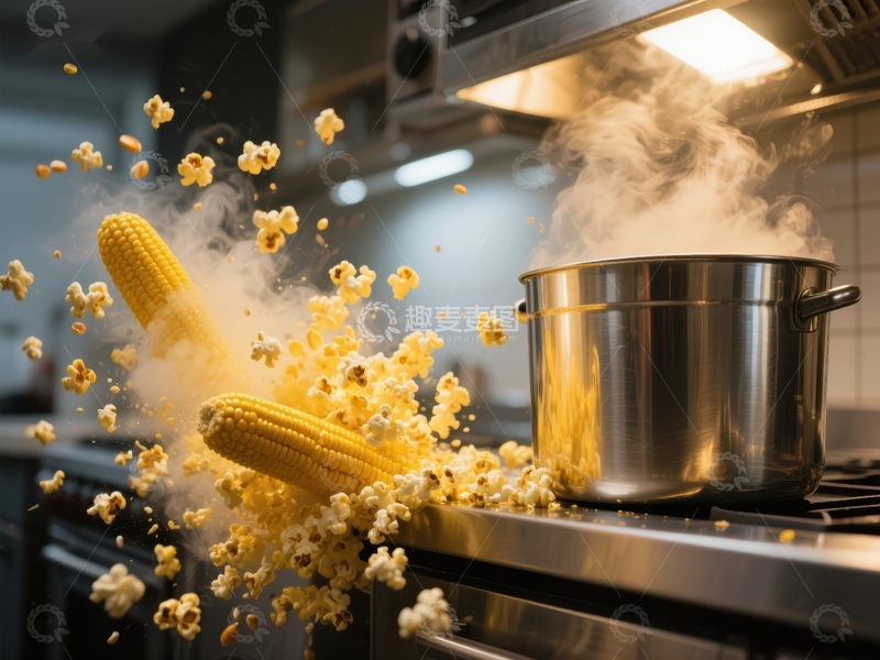 高清大图下载【趣麦麦图】厨房烹饪：玉米爆米花与蒸汽锅