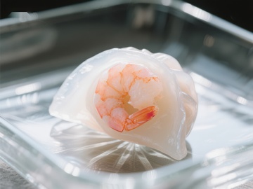 透明虾饺特写，置于玻璃盘中