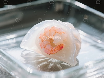 透明虾饺特写，置于玻璃盘中
