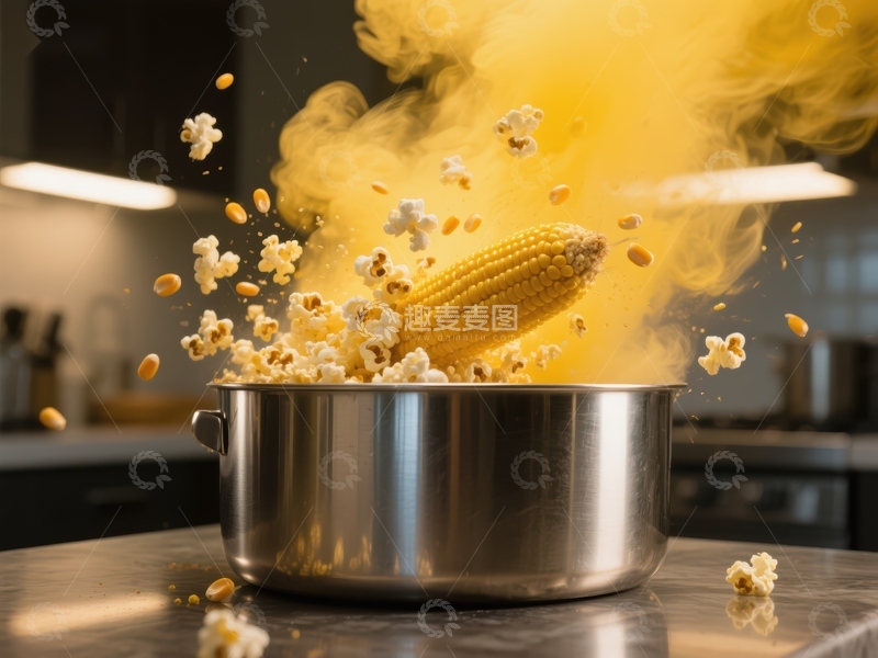 高清大图下载【趣麦麦图】玉米爆裂瞬间，黄色烟雾四散