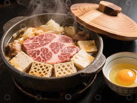 热气腾腾的牛肉火锅配生蛋