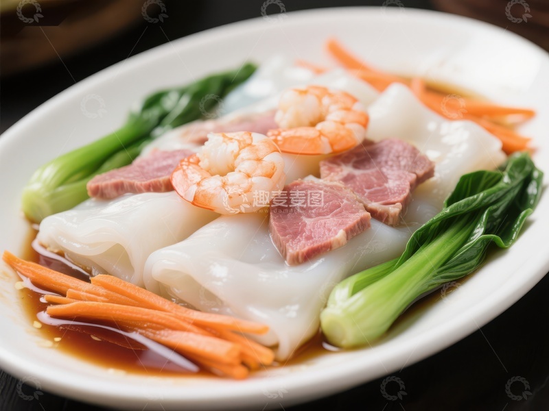 高清大图下载【趣麦麦图】肠粉配虾仁与蔬菜