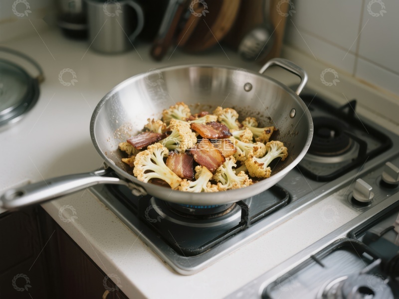 高清大图下载【趣麦麦图】炒锅中的花椰菜与培根