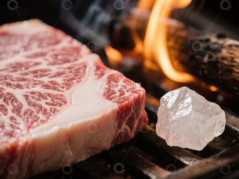 高清大图下载【趣麦麦图】火焰旁的生牛肉与盐块