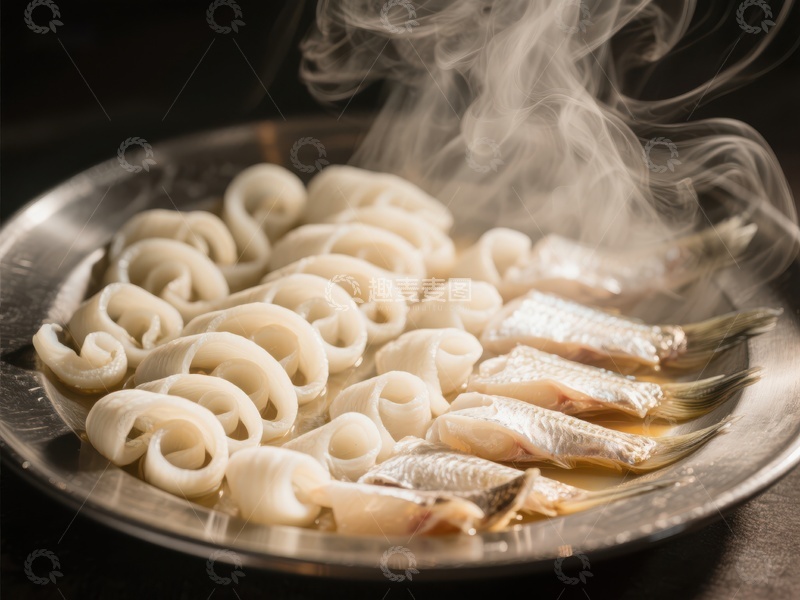 高清大图下载【趣麦麦图】热气腾腾的鱿鱼和小鱼拼盘