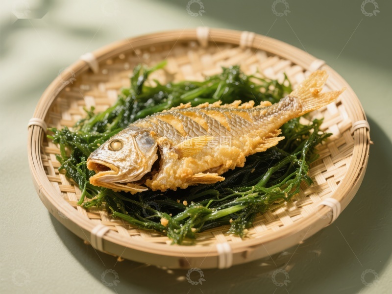 高清大图下载【趣麦麦图】竹篮中的金鱼与海藻