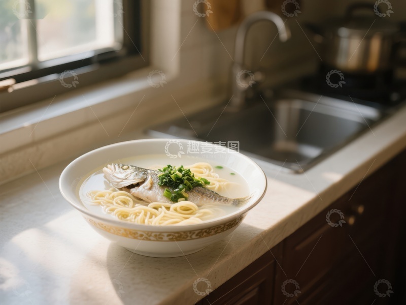 高清大图下载【趣麦麦图】厨房窗边的鱼汤面