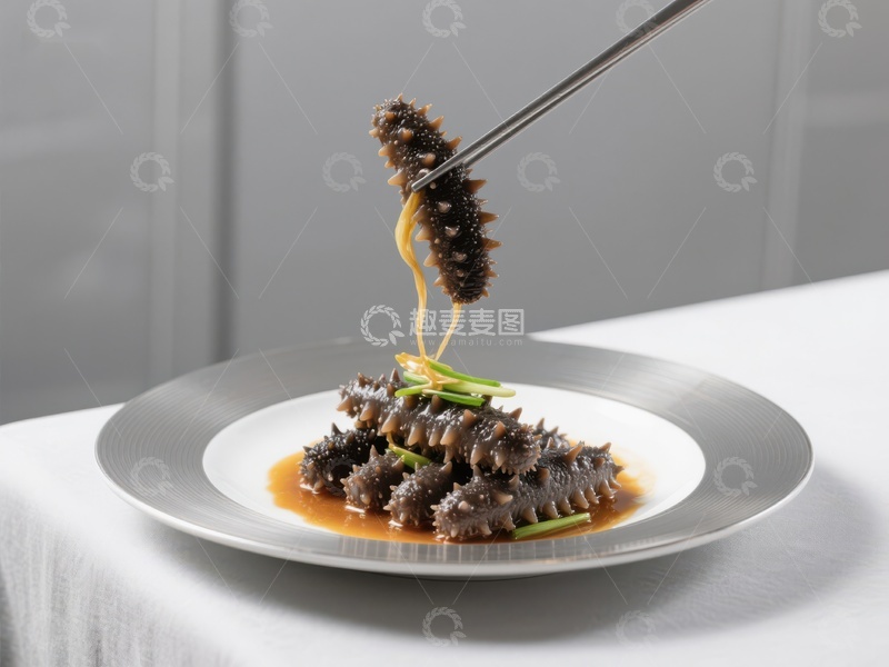 精致海参料理，筷子夹起美味瞬间