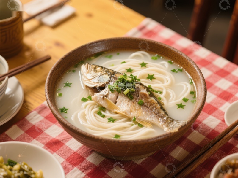 高清大图下载【趣麦麦图】鲜美鱼汤面，点缀香菜与星形葱花