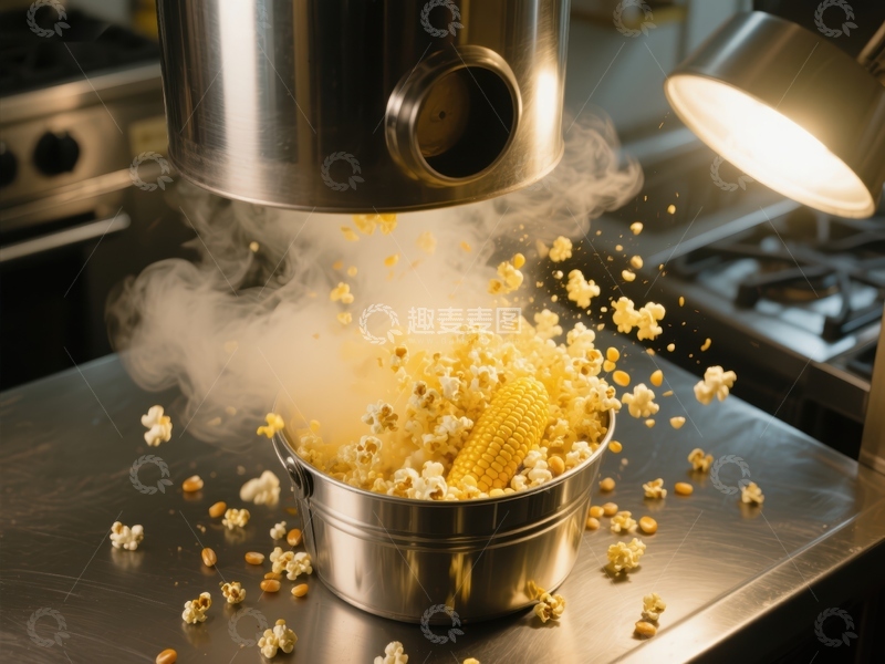 高清大图下载【趣麦麦图】爆米花制作瞬间，蒸汽四溢
