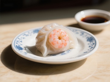 晶莹剔透的虾饺配酱油碟