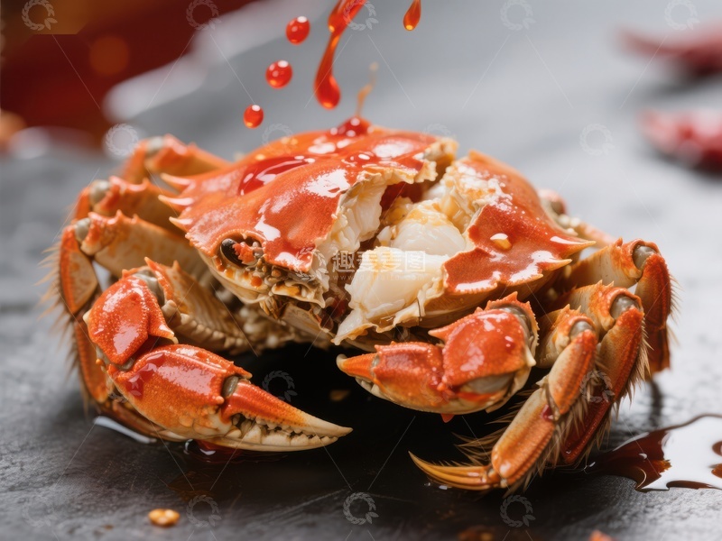 高清大图下载【趣麦麦图】鲜美螃蟹淋上酱汁，诱人美食