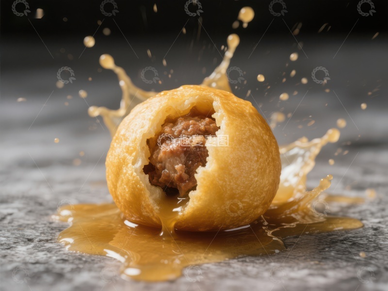 高清大图下载【趣麦麦图】酥皮肉馅球破裂，酱汁四溅