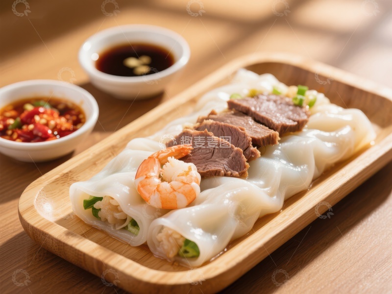 高清大图下载【趣麦麦图】美味肠粉配虾仁牛肉，佐以辣椒酱油