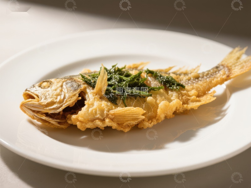 高清大图下载【趣麦麦图】金黄酥脆的炸鱼配香菜