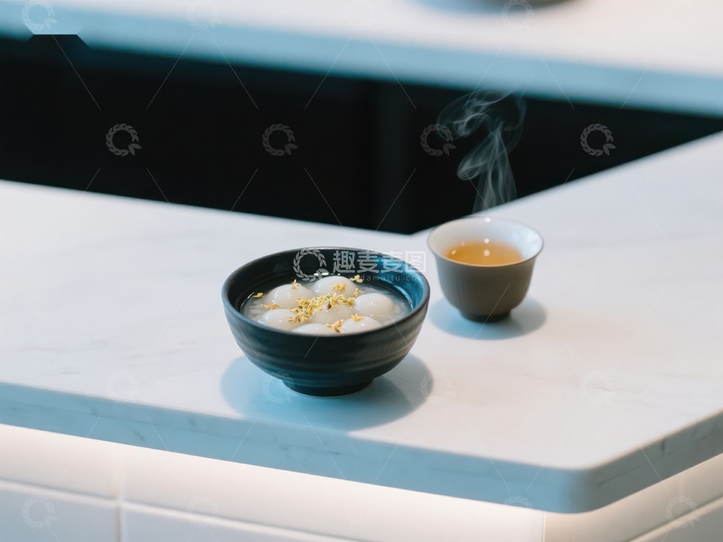 高清大图下载【趣麦麦图】热气腾腾的茶与碗装甜品