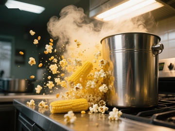 爆米花与玉米在厨房中热锅烹饪
