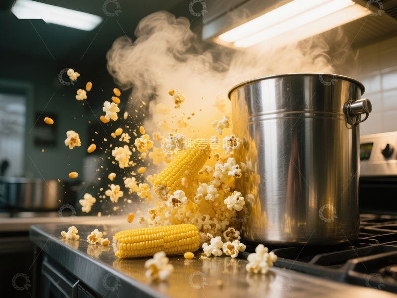 高清大图下载【趣麦麦图】爆米花与玉米在厨房中热锅烹饪