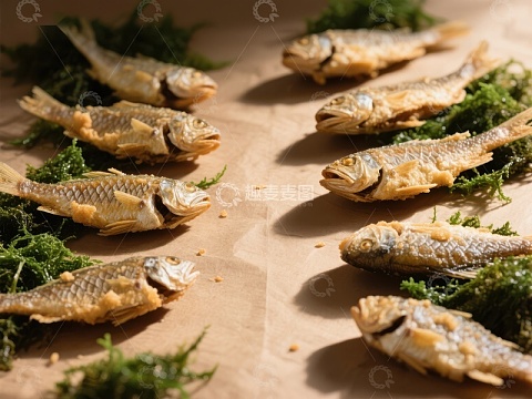 干鱼摆盘，配以绿色苔藓装饰