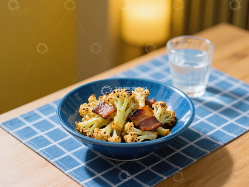 高清大图下载【趣麦麦图】蓝碗中的花椰菜培根料理
