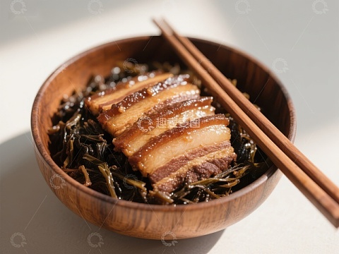 木碗中的梅菜扣肉配筷子
