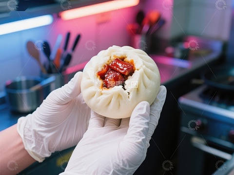 手戴手套展示美味包子