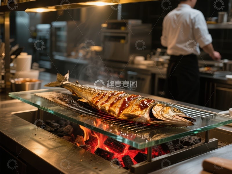 高清大图下载【趣麦麦图】炭火烤鱼，厨房烹饪场景