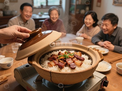 家人围坐餐桌共享热气腾腾的煲仔饭