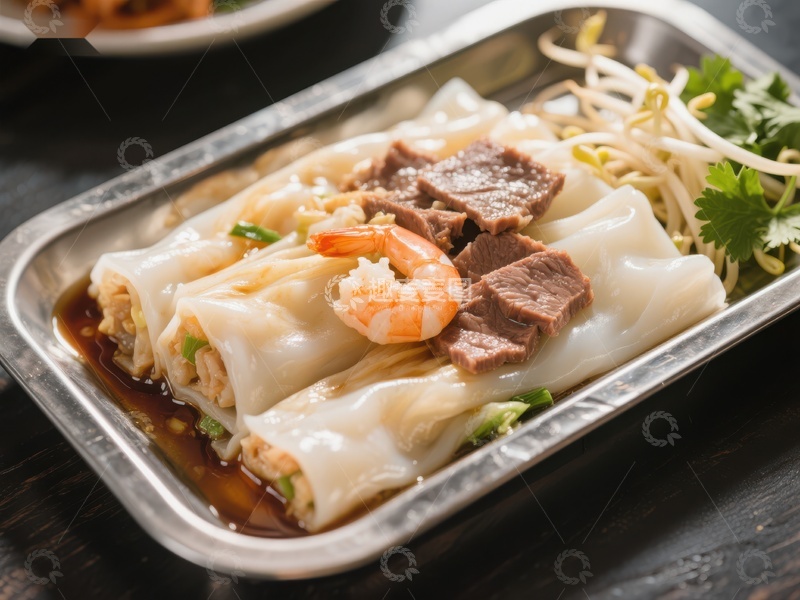 高清大图下载【趣麦麦图】鲜虾牛肉肠粉，配豆芽香菜