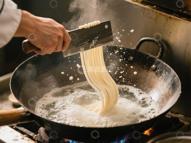 高清大图下载【趣麦麦图】厨师将面条倒入热锅中