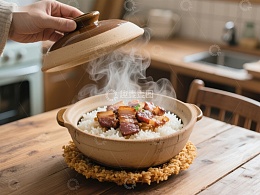 热气腾腾的盖饭揭开锅盖