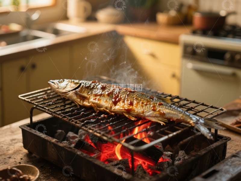 高清大图下载【趣麦麦图】烤鱼在炭火上滋滋作响